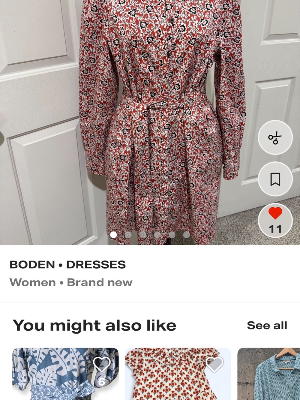 Boden Orange, Black and White Floral Long-Sleeve Tie-Waist Dress